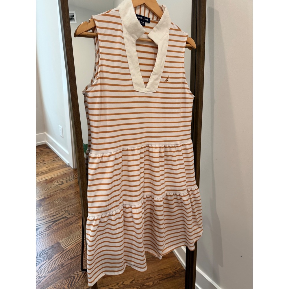 Nautica Jeans Womens Medium Tan White Striped Sleeveless Tiered Polo Dress